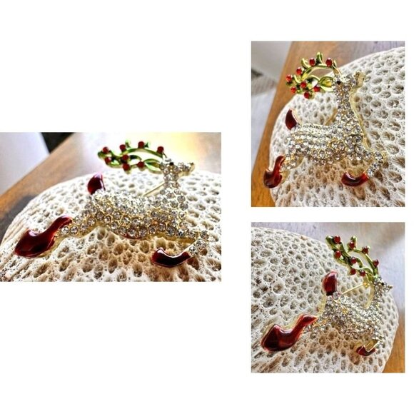 Reindeer Brooch Pin Rudolph Christmas Eve New Crystal Accents Santa Nort… - Picture 9 of 12